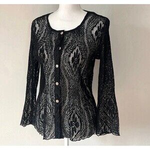 Coldwater Creek Fairy Knit‎ See Through Witchy Black Blouse Black Lace Button Up